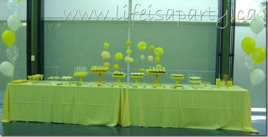large yellow dessert table with balloons