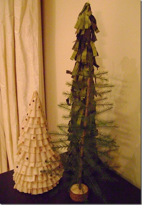Coffee Filter Christmas Tree: Made with some cardboard and coffee filters, these DIY Christmas trees are the perfect addition to your rustic Christmas decor.