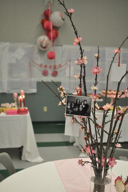 40th Wedding Anniversary Party Ideas: celebrate the ruby anniversary with red and pink cherry bloosom decor, and a tea party reception.