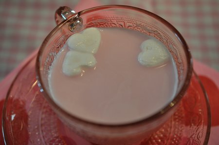 pink hot chocolate with heart marshmallows