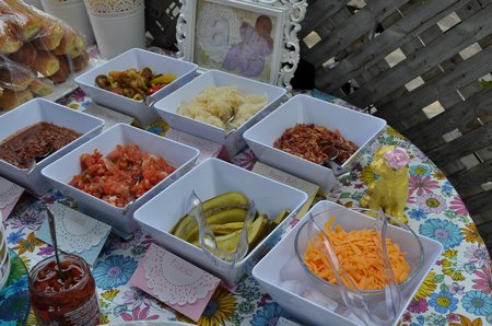 Puppy Dog Themed Party Food: A "Hotdog" Buffet, water bowl jello, bone cookies, and more.