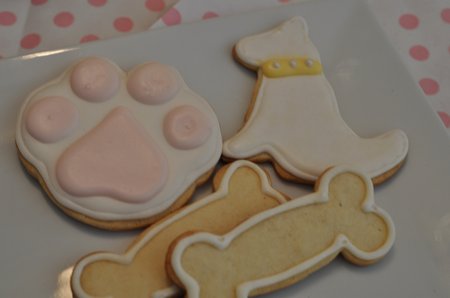 Puppy Dog Themed Party Food: A "Hotdog" Buffet, water bowl jello, bone cookies, and more.