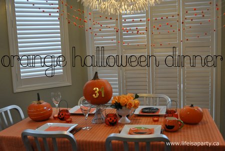Kids Halloween Dinner: orange decorations, and all orange food make this a fun non-scary Halloween dinner perfect for kids.