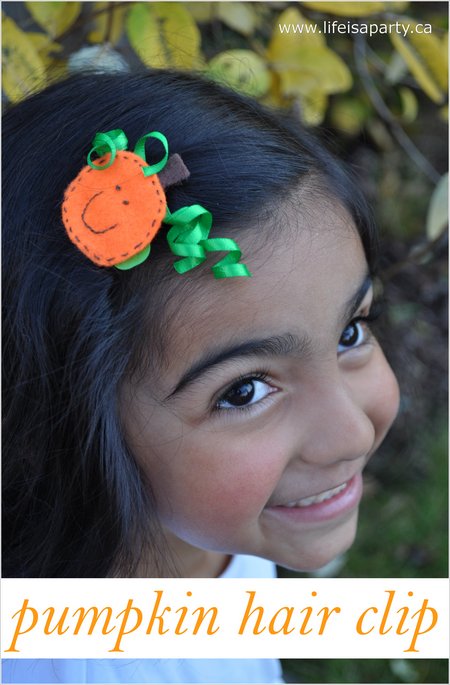 Pumpkin Hair Clip:  DIY Halloween hair clip tutorial, including how to make curled ribbon.  Perfect for the little girl in your life.