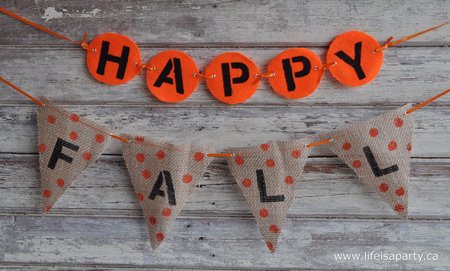 DIY Fall Banner: this cute fall banner is perfect for fall parites and get togethers.  Made from felt and burlap and a letter stencil.