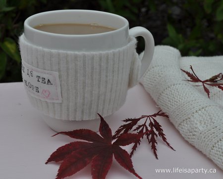 DIY Mug Cozy -how to make a mug cozy from an old wool sweater. The perfect way to keep your tea or coffee warm and cozy, or a great gift.