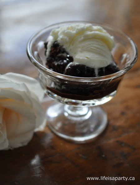 warm chocolate pudding cake with vanilla ice cream