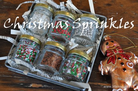 Bakers Gift Basket Ideas: DIY Christmas sprinkle gift set and a Christmas cookie themed holiday ornament make the perfect inexpensive gift.