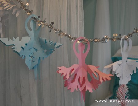 Nutcracker Themed Christmas Decorations: A little mouse army, and mouse king, paper snowflake ballerinas, and pastel coloured nutcrackers make for the perfect Nutcracker themed children's room.