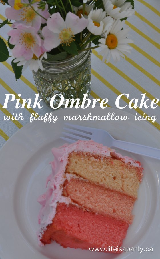 Pink Ombre Cake with Fluffy Marshmallow Icing: how to make an ombre cake from a cake mix and the recipe for fluffy marshmallow icing.