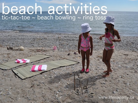 Beach Activities For Kids: a day at the beach just got better with shell tic tack toe, sand bowling, ring toss and a picnic lunch of beach themed foods!