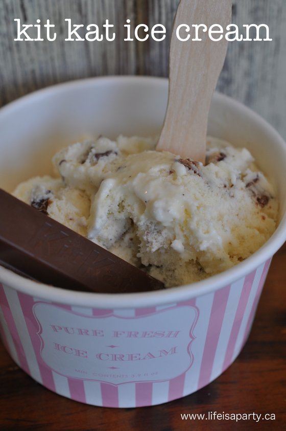 Kit Kat Ice Cream Recipe -delicious homemade vanilla ice cream base, with our favourite chocolate bar mixed in for a little chocoalte and some crunch.