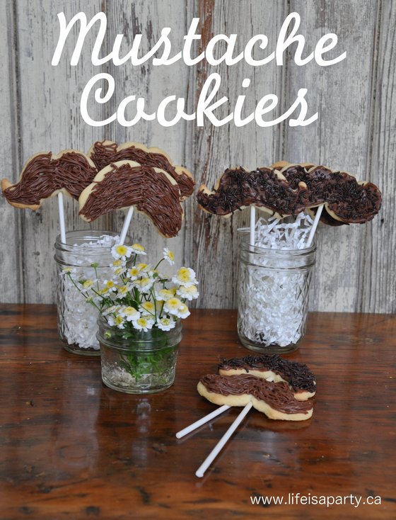 Mustache Cookies: sugar cookies on lollipop sticks with chocolate icing and sprinkles are the perfect and most delicious disguise to wear to a party.