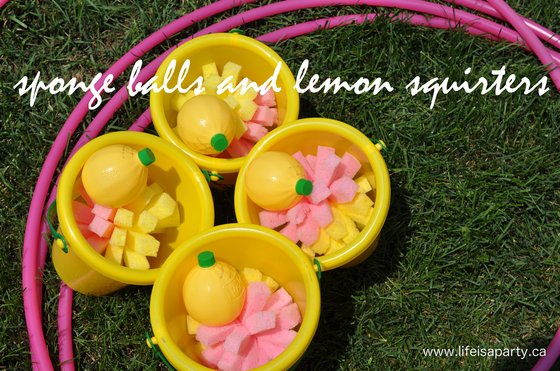 DIY Sponge Balls and Lemon Squirters: as an activity for a kids lemonade themed birthday party we played with DIY Sponge Balls and Lemon Squirters.