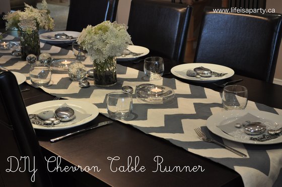 DIY Chevron Table Runner:  this fun project uses drop cloth material, painters tape and paint to create a bautiful table runner.