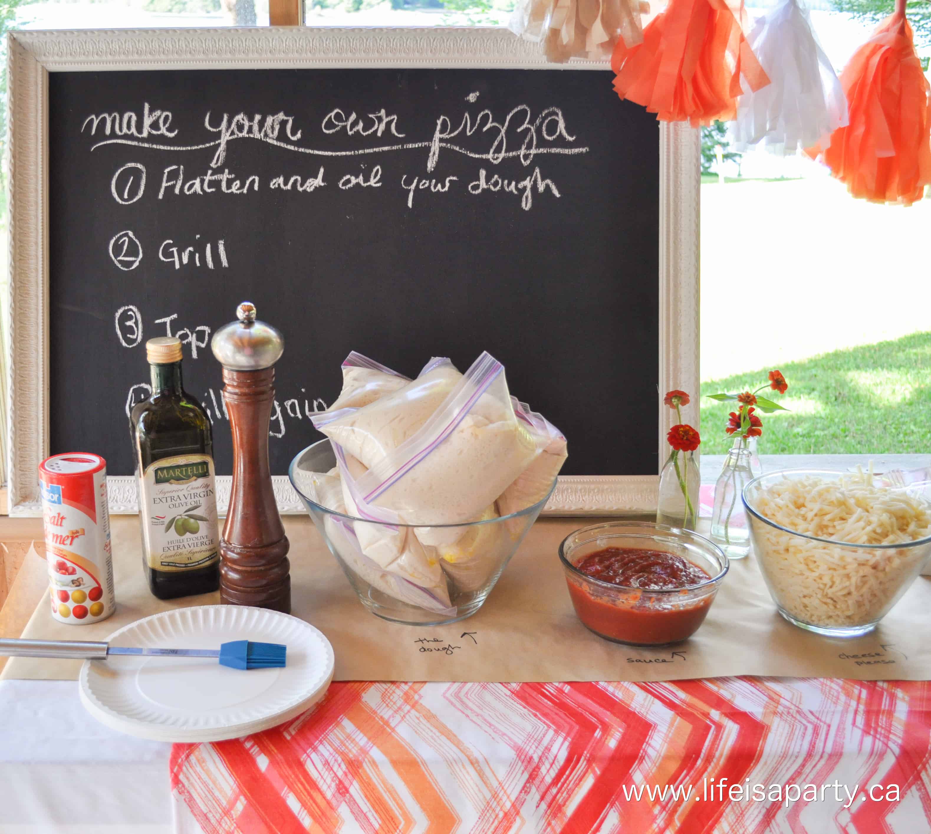 Make Your Own Pizza Party instructions on a chalkboard for guests