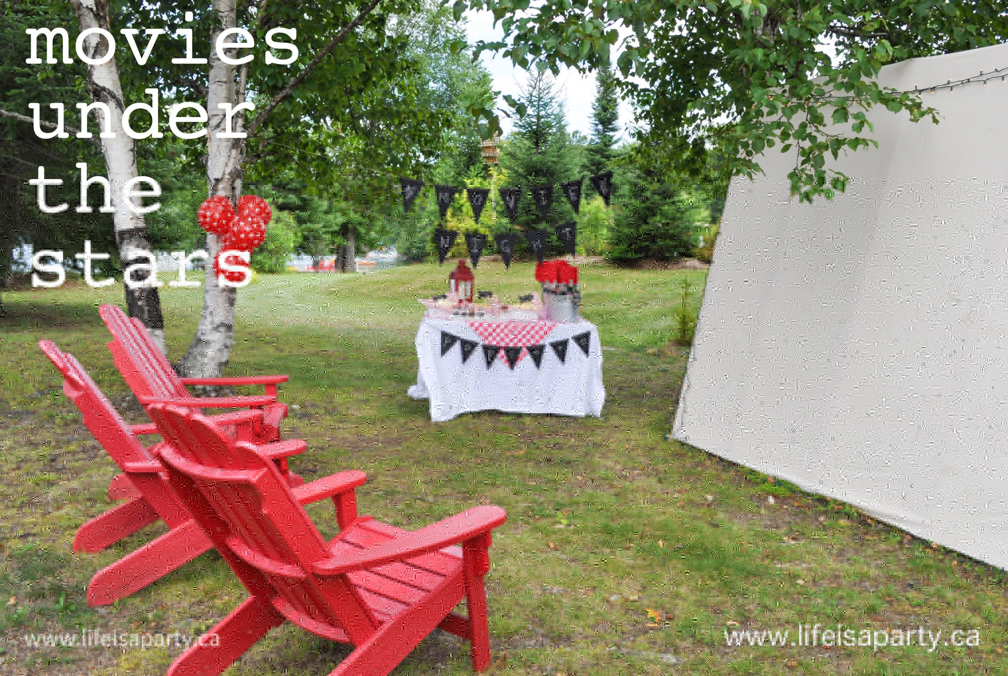 Outdoor Movie Night: Ideas for movies under the stars an outdoor movie night, with a popcorn buffet for snacks, and a red and white decorations.