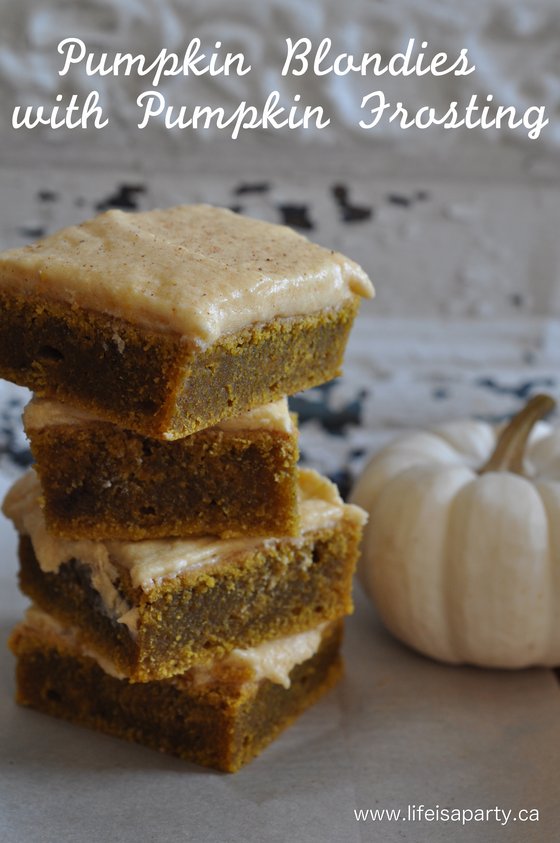 Pumpkin Blondies with Pumpkin Frosting -these blondies are chewy, sweet, pumpkin-y, and the perfect fall treat for pumpkin lovers.