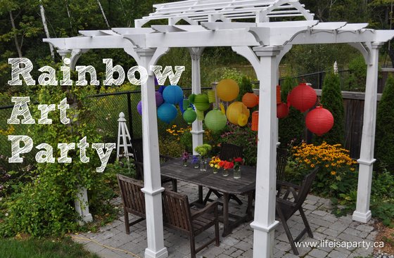 Rainbow Art Party Decorations: Rainbow paper lanterns, rainbow candles, a rainbow cake of art supplies and a paint chip birthday banner are just some of the fun ideas!