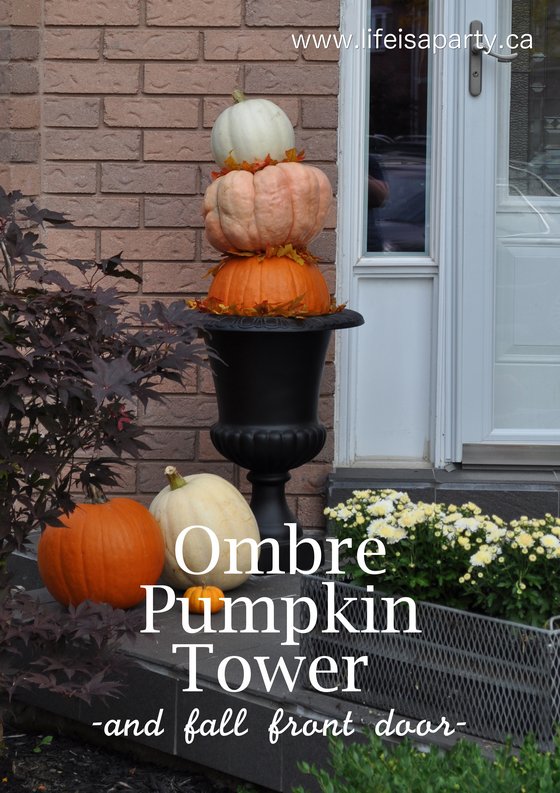 Ombre Pumpkin Tower: beautiful and easy ombre pumpkin tower, with pretty leaf layers in-between, and gorgeous front porch decor.