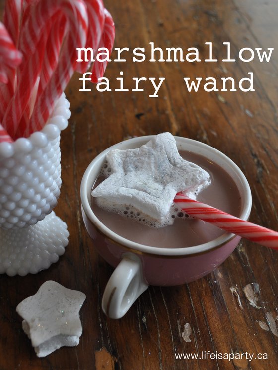 Marshmallow Fairy Edible Wands: homemade marshmallows and a candy cane make the perfect fairy wand stirring stick for hot chocolate.