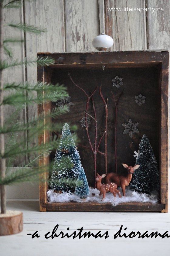 Christmas Diorama: rustic Christmas decoration made from an up-cycled old drawer, and some woodland animal figures.