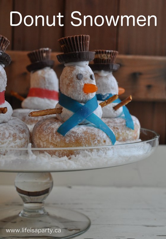 Donut Snowmen: Easy to prepare donut snowman, made from donuts and candy. The kids will love them!
