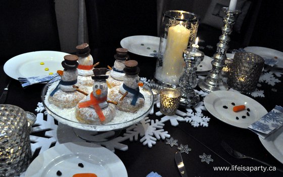snowman themed party tablescape