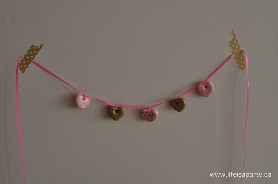 salt dough valentine bunting in pink and gold