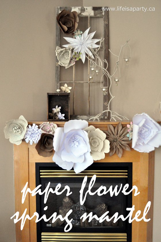 Giant Paper Flower Spring Mantel: Very inexpensive project, just paper and a glue gun to make your own paper flower decorations.