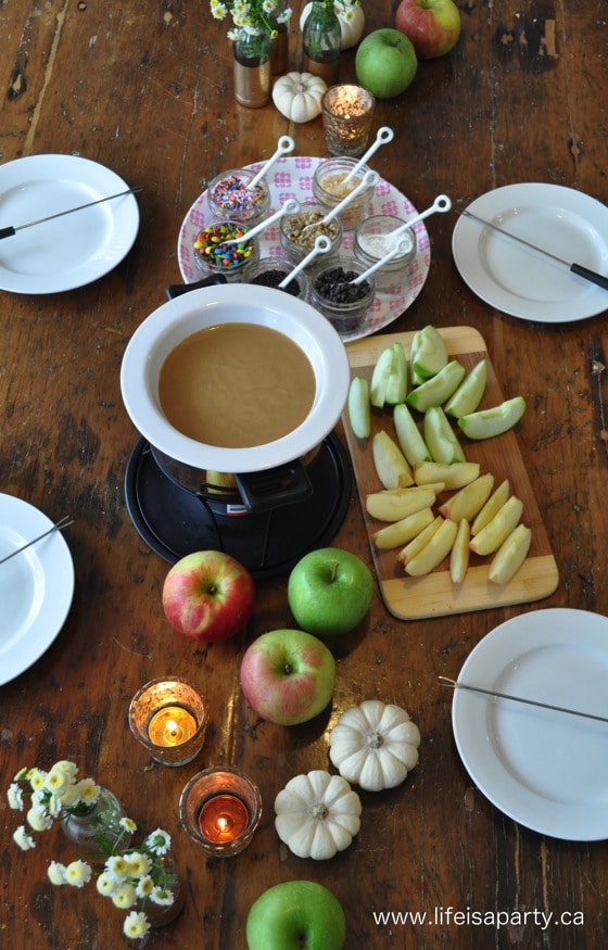 Fall Fondue Party: Easy and relaxed fall entertaining with cheese fondue, oil fondue, and for dessert caramel apple fondue. The perfect fall dinner party.