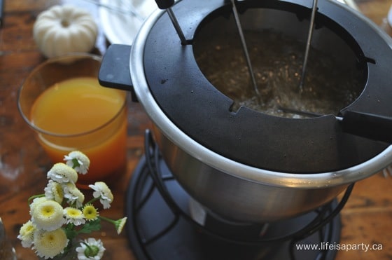 Fall Fondue Party: Easy and relaxed fall entertaining with cheese fondue, oil fondue, and for dessert caramel apple fondue. The perfect fall dinner party.