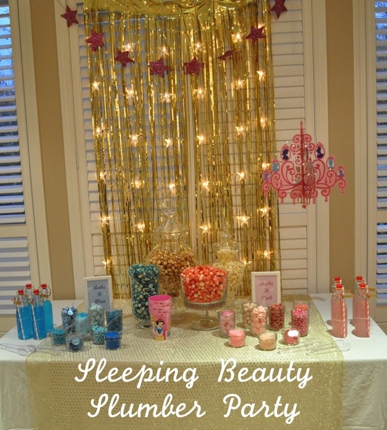 Sleeping Beauty Party: an almost sleepover with matching pjs, popcorn buffet, take home breakfast, and free Sleeping Beauty printables.