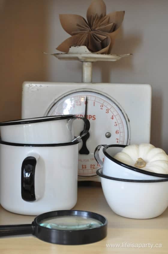 black and white enamelware display