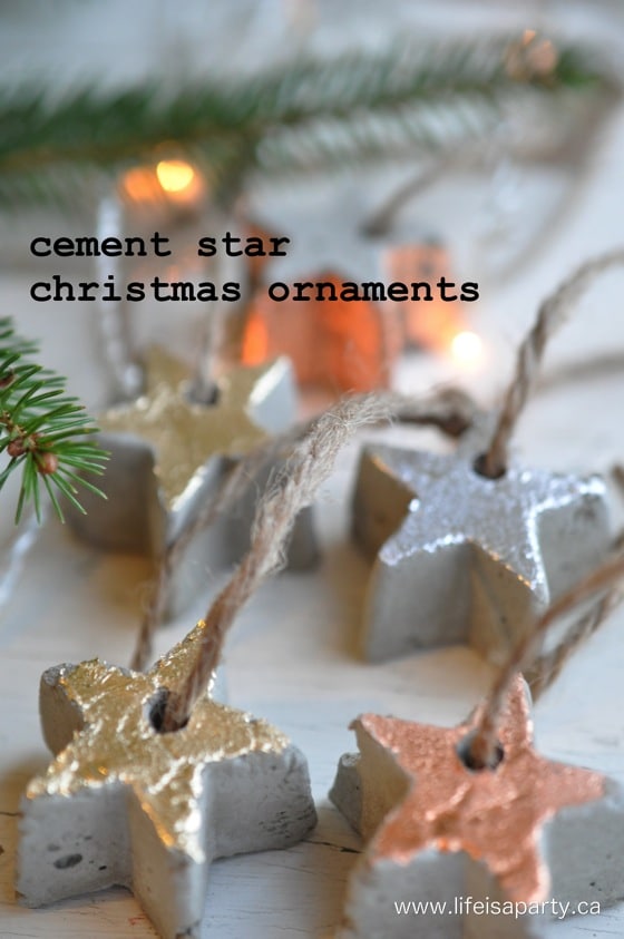 DIY Concrete Star Christmas Ornaments: discover how to make beautiful decorations from some concrete, an ice cube tray, and some gold leaf.