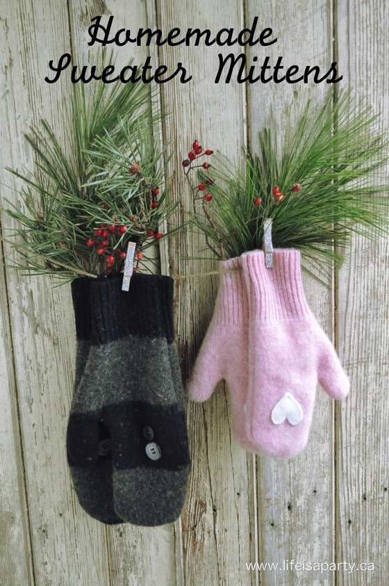 Homemade Sweater Mittens: how to make sweater mittens for children or adutls out of old wool sweaters, no knitting required, and the perfect gift.