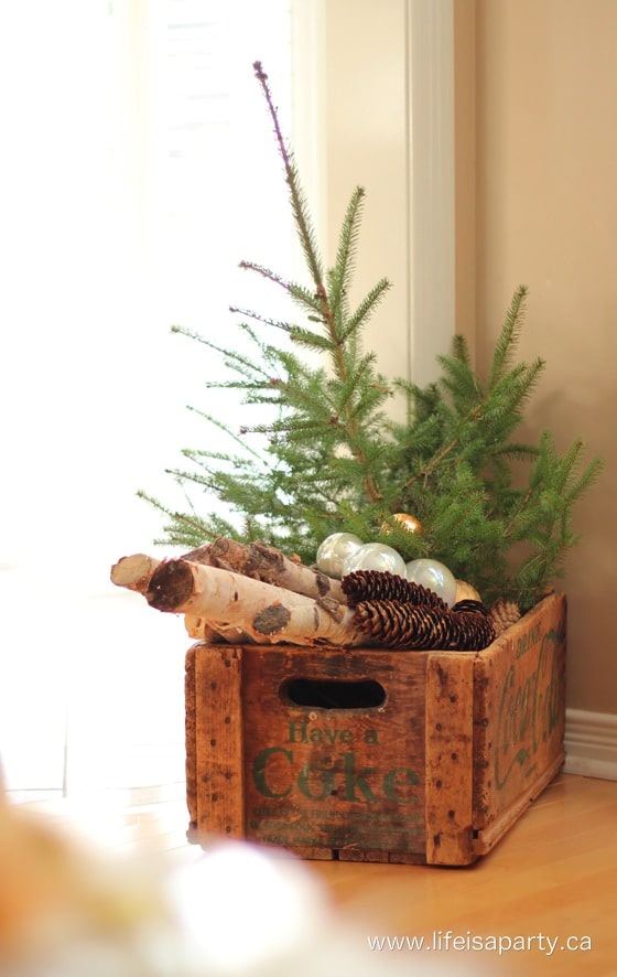 rustic Christmas decor vintage crate and tree