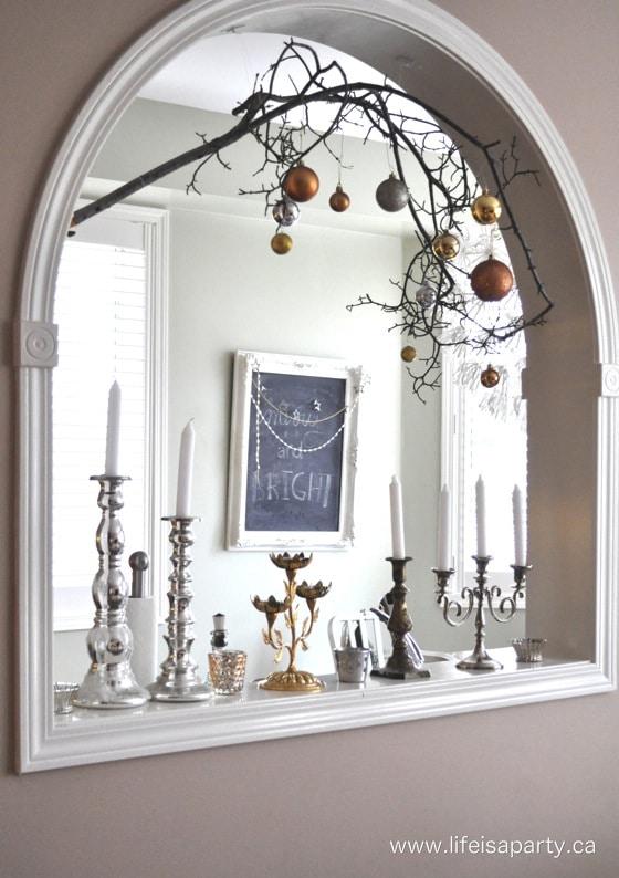gold, silver, and copper Christmas decor