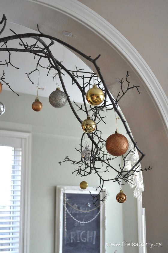 gold, silver, and copper Christmas decor