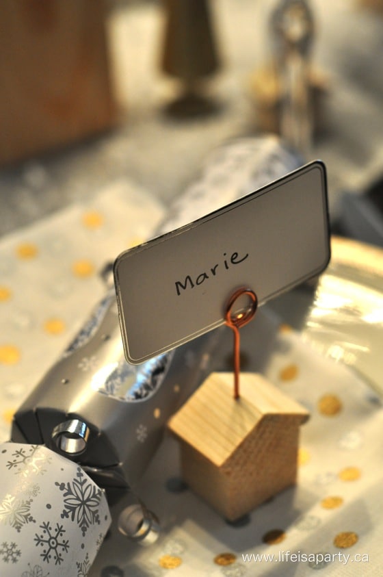 winter tablescape with Mini Wooden House place card holders