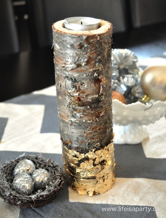 Diy wood log candles with gold leaf