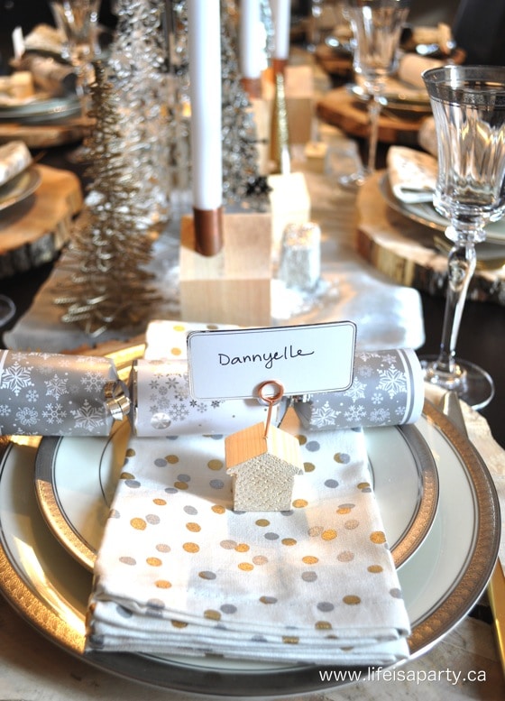 Winter Tablescape with Mini Wooden House Candle Holders