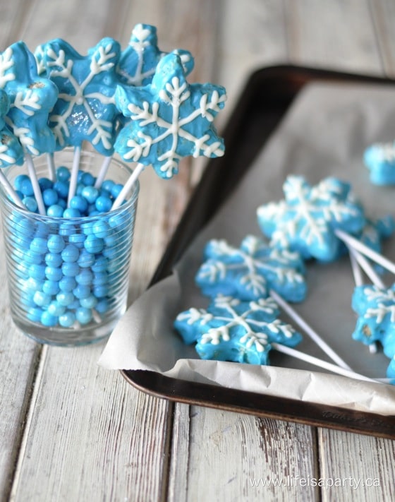 Frozen themed Rice Krispie treats dipped in chocolate