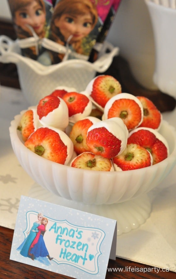 Anna's Frozen Heart strawberries dipped in white chocolate.