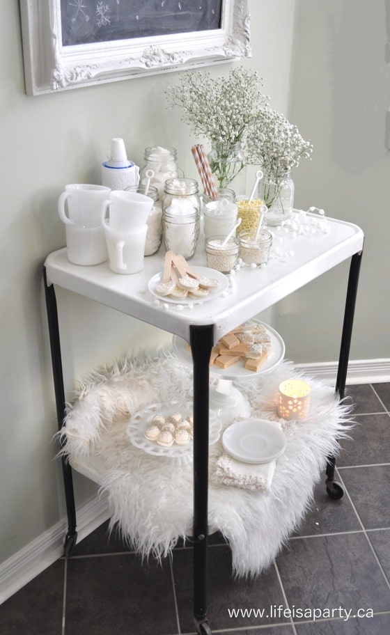 Winter White Hot Chocolate Buffet/Bar -all white ideas for winter entertaining.