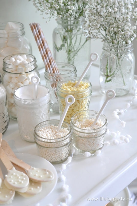 Winter White Hot Chocolate Buffet/Bar -all white ideas for winter entertaining.
