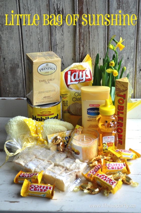 Little Bag Of Sunshine -the perfect gift for someone who could use a little sunshine, great ideas of all kinds of thoughtful yellow gifts sure to brighten anyones day.
