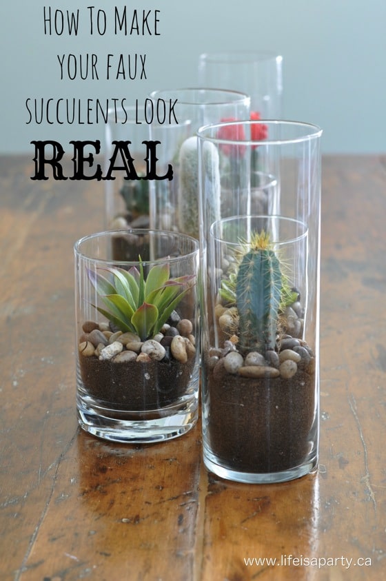 How To Make Your Faux Succulents Look Real: see how adding real soil and stones and potting in a glass vase makes faux succulents look like real ones.