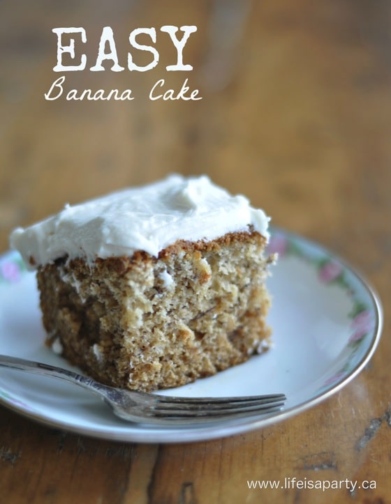 Easy Banana Cake: This one bowl, easy banana cake is a great way to use up your leftover bananas. The simple, sweet, fluffy vanilla icing takes this recipe from regular to a real treat.