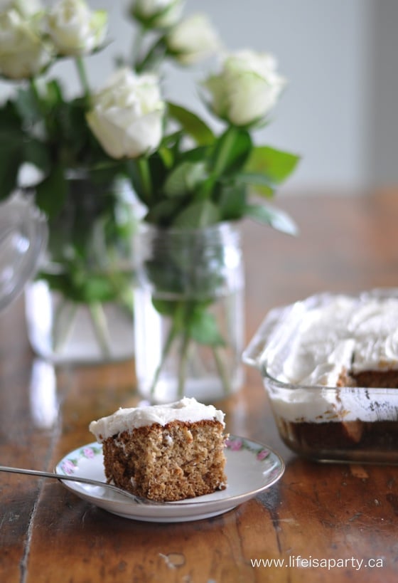 slice of Easy one bowl Banana Cake recipe with icing